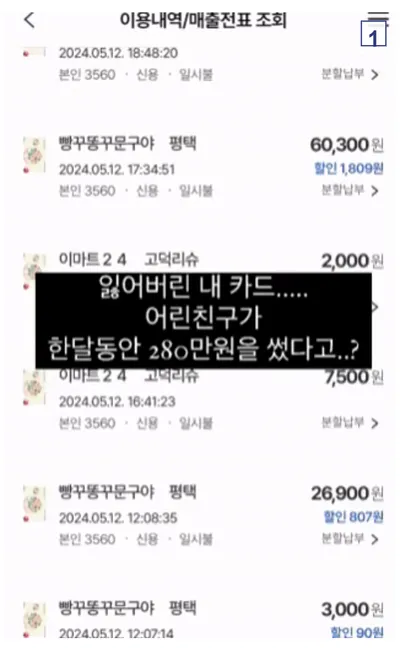 잃어버린 내 카드 주워서 한달동안 280긁은 초딩ㄷㄷ
